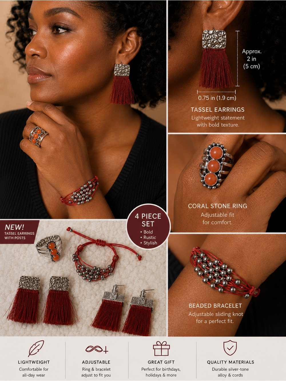4-Piece Women’s Jewelry Set with Burgundy Tassel Earrings and Coral Stone Ring
